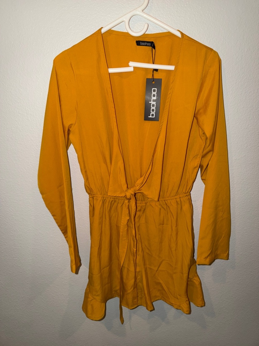 Boohoo Mustard Long Sleeve Tie-Front Romper
